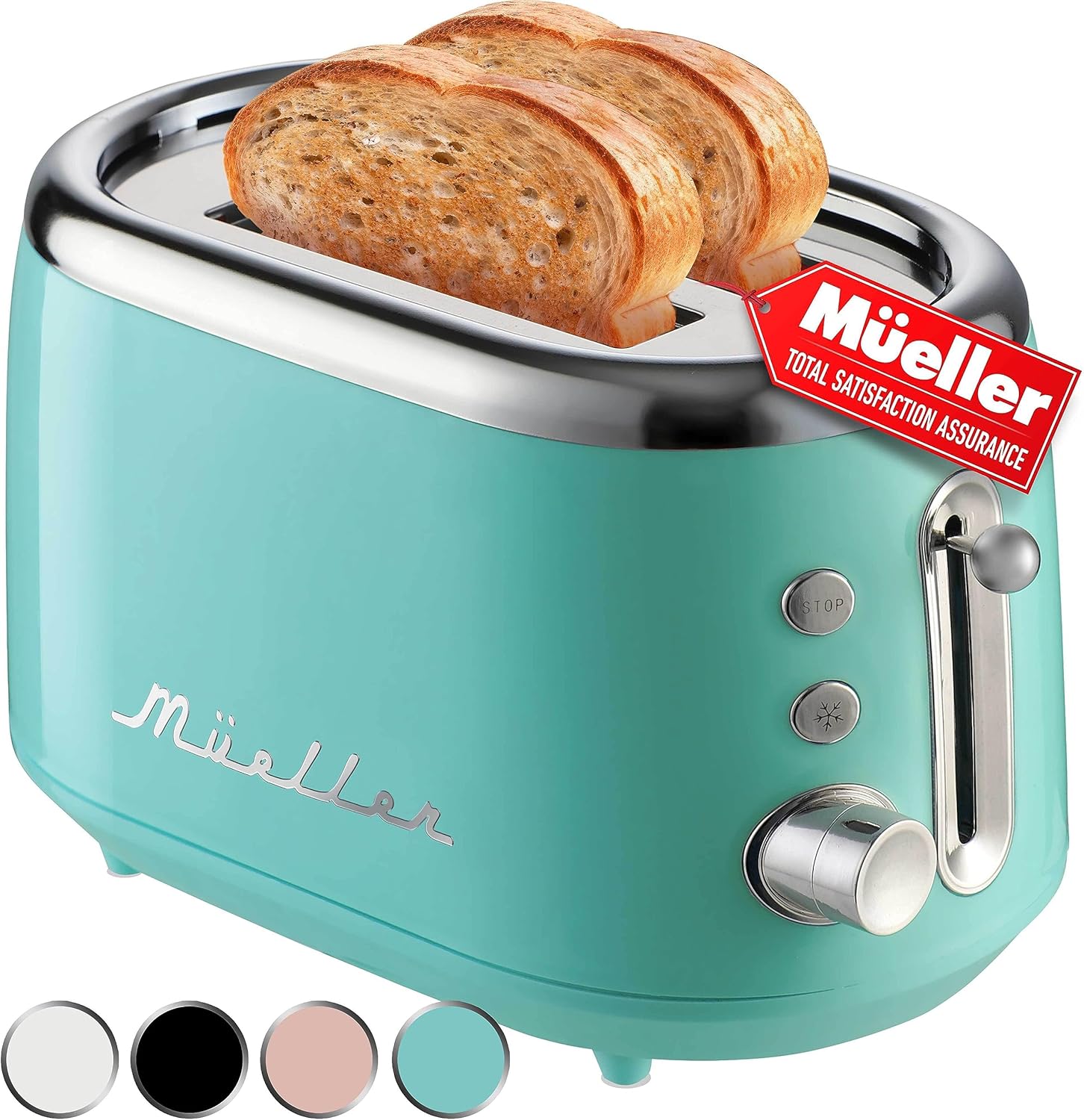 Mueller Retro Toaster 2 Slice with 7 Browning Levels and 3 Functions: Reheat, Defrost & Cancel, Stainless Steel Features, Removable Crumb Tray, Under Base Cord Storage, Turquoise